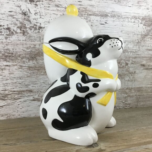Dept 56 Ceramic Black and White Easter Bunny Cookie Jar With Egg Backpack - Picture 1 of 8